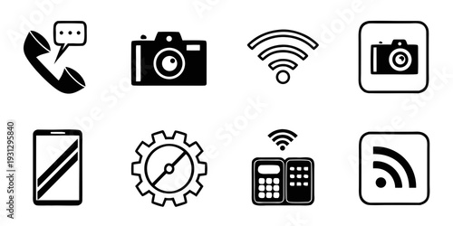 A collection of icons representing various technological devices and functionalities.