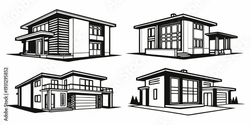 Four distinct architectural designs of modern residential houses with varied styles and features