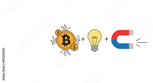 Financial innovation concept featuring the Bitcoin symbol, a glowing lightbulb for ideas, and a powerful magnet attracting interest.
