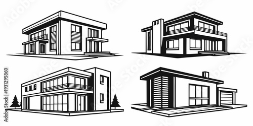 Four distinct architectural designs of modern residential buildings with unique features