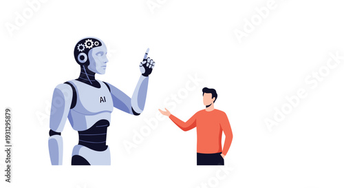 Interaction between human and artificial intelligence featuring a tall sleek robot pointing upwards and a man in an orange sweater.