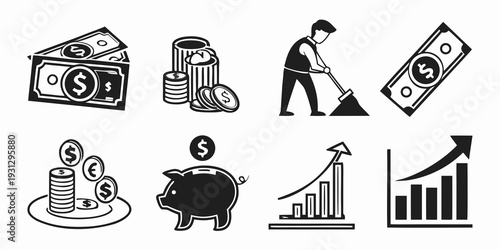 Icons representing financial management, investment, and economic growth concepts