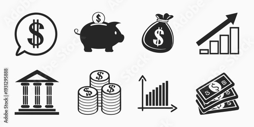 Various icons representing financial concepts and money management strategies.