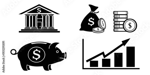 Illustrations of financial symbols and concepts including banks, piggy banks, and graphs