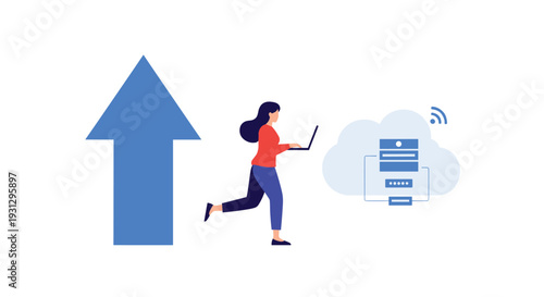Professional woman working on a laptop while moving towards a large upward arrow and a cloud-based server for data synchronization.