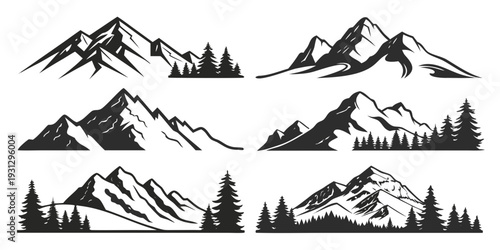 Black and white illustration of various mountain landscapes with trees and cabins.