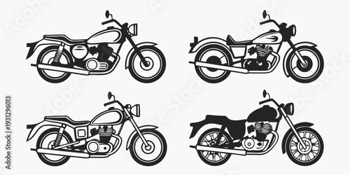 Four vintage motorcycles showcasing different styles and designs from the past