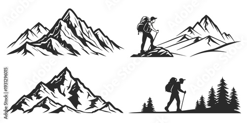 Silhouettes of hikers ascending snow-capped mountains with pine trees in the background