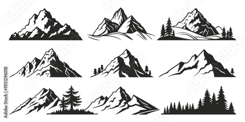 A collection of various mountain illustrations showcasing different peak shapes and styles