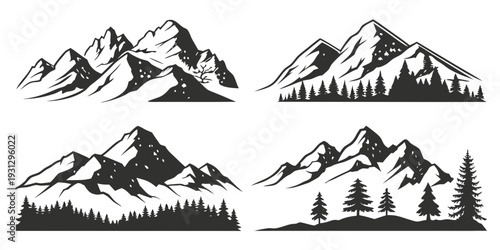 Four distinct black and white illustrations of snow-covered mountains with varying peaks and slopes