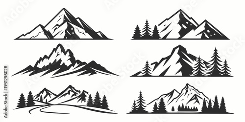 A collection of six different mountain illustrations in a black and white theme.