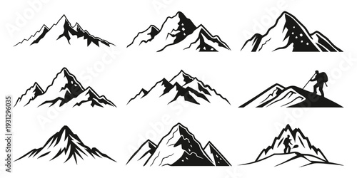 A collection of stylized mountain illustrations showcasing various peaks and slopes