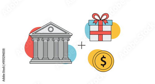 Banking benefits and rewards program showing a classical bank building combined with a colorful gift box and a gold dollar coin.