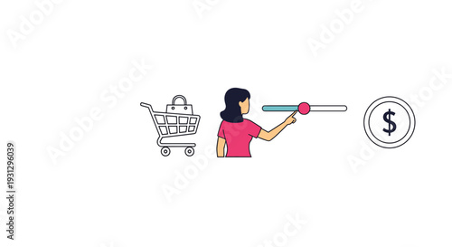 Personal budget control for shopping showing a woman adjusting a slider between a full shopping cart and a large dollar coin icon.