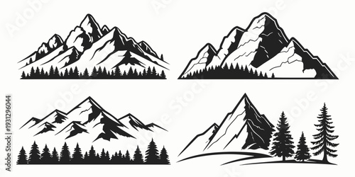 Four distinct mountain landscapes with varying shapes and tree placements