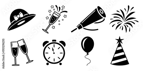 Celebration icons including a hat, glasses, fireworks, and more