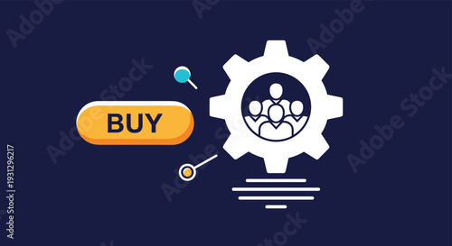 Collective purchasing power or teamwork in commerce featuring a buy button next to a gear containing a group of people icons.