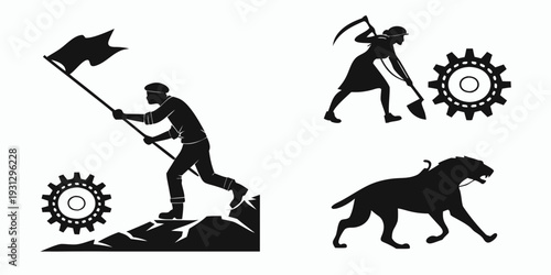 Silhouettes of people working with tools and machinery in industrial setting