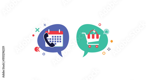 Integrated appointment scheduling and retail shopping services represented by a phone on a calendar bubble and a shopping cart bubble.