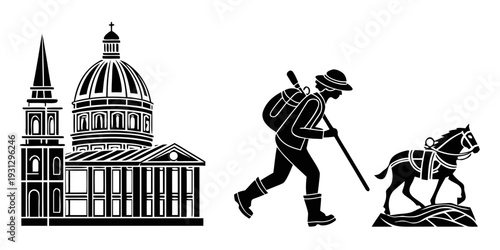 Historical landmarks and iconic statues in a cityscape illustration