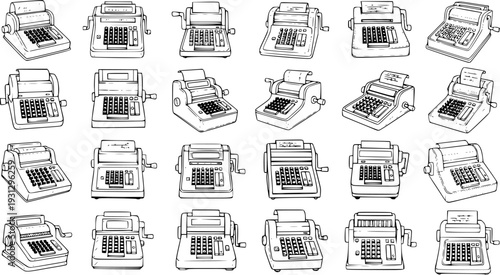Vintage Adding Machines and Calculators Collection: Retro Office Equipment Illustrations