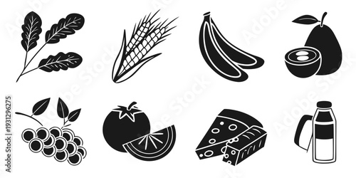 Assorted fruits, vegetables, grains, and dairy products in a grid layout