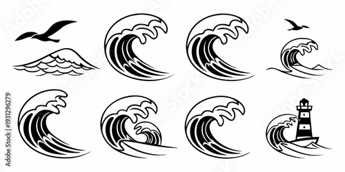 A collection of various waves and marine life illustrations