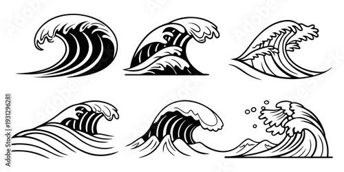 A collection of various wave patterns and styles in black and white