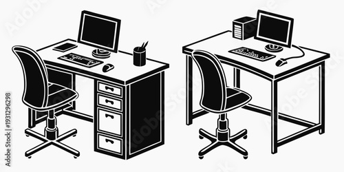 Two desks with computers and chairs in a minimalist black and white design