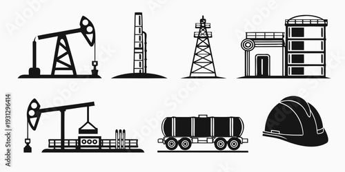Industrial icons representing various aspects of the oil and gas industry