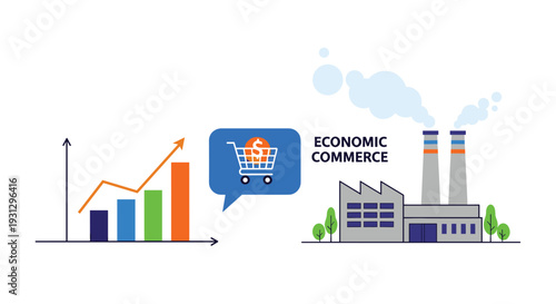 Economic commerce growth illustration featuring financial bar charts, retail shopping cart, and industrial factory icons.