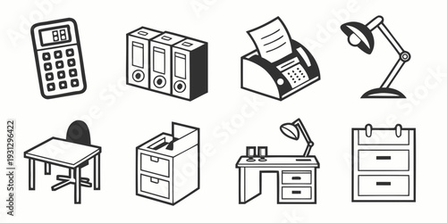 A collection of office equipment and furniture items
