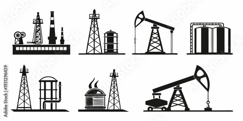Industrial icons representing various types of energy production and infrastructure.