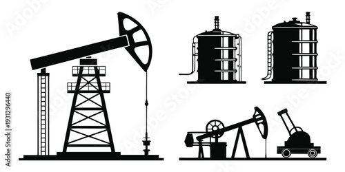 A detailed illustration of various oil drilling equipment and machinery.