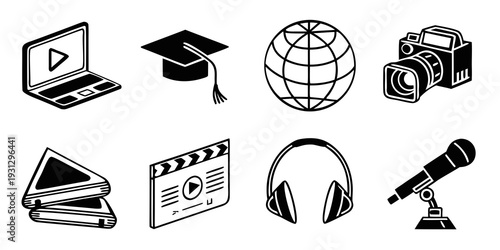Icons representing various educational and media-related concepts.