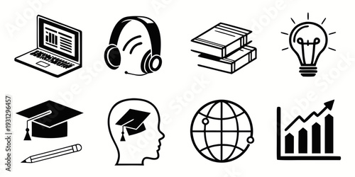 Icons representing various aspects of education, technology, and globalization