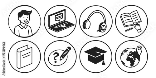 Icons representing various aspects of education and learning resources