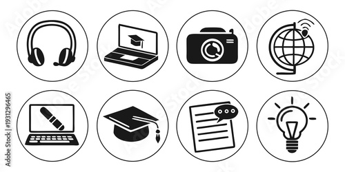 Icons representing various aspects of online learning and digital education