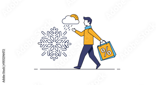 Seasonal winter shopping concept showing a man walking with a discount bag through cold weather and large snowflakes.