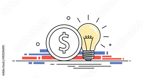 Creative business ideas and financial value concept with glowing light bulb next to a large silver dollar coin.