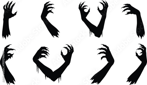 Zombie monster hands silhouettes with claws, horror creepy undead gestures for Halloween artwork, spooky illustration for scary themed design elements