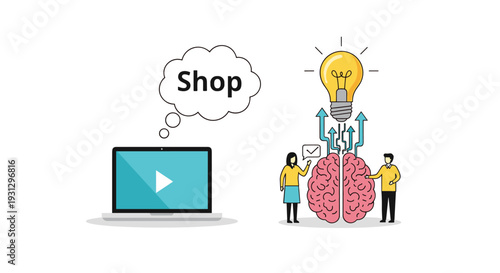 E-commerce marketing strategy and consumer behavior analysis featuring creative brain, business team, and shop icons.