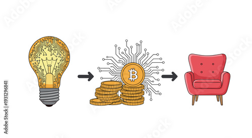 Innovative cryptocurrency investment and financial comfort concept with smart light bulb, bitcoin, and armchair.