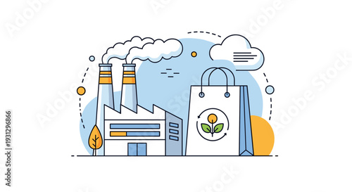 Green industry and sustainable retail concept with manufacturing factory and eco-friendly shopping bag illustration.