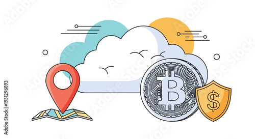 Secure cryptocurrency transactions and location-based financial services with map, bitcoin, and security shield.