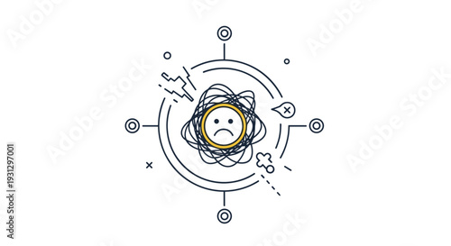 Mental health awareness and emotional stress concept featuring a sad face icon surrounded by tangled chaos lines.