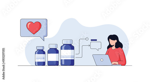 Online healthcare and telehealth pharmacy services concept with a woman using a laptop and heart medical icons.