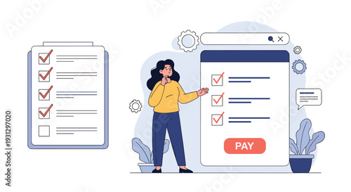 Online payment verification and shopping checklist concept featuring a woman reviewing her order before checkout.