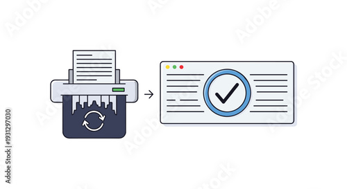 Paper document being shredded into digital format with a green check mark representing secure data disposal and migration.