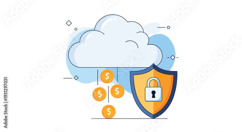 Cloud raining gold dollar coins onto a protective shield with a padlock symbolizing secure financial data storage in the cloud.
